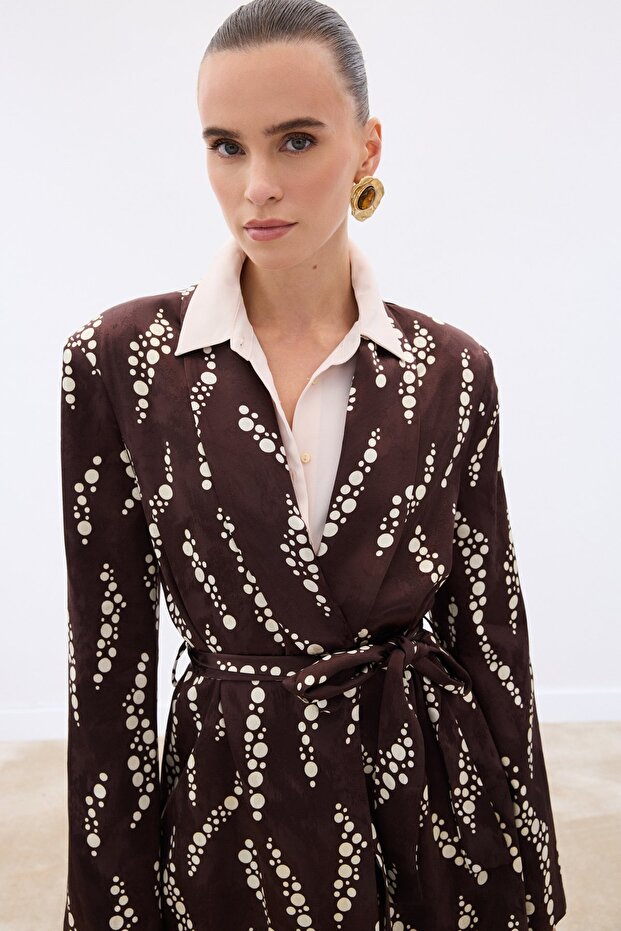 Patterned Long Coat - Brown - 4