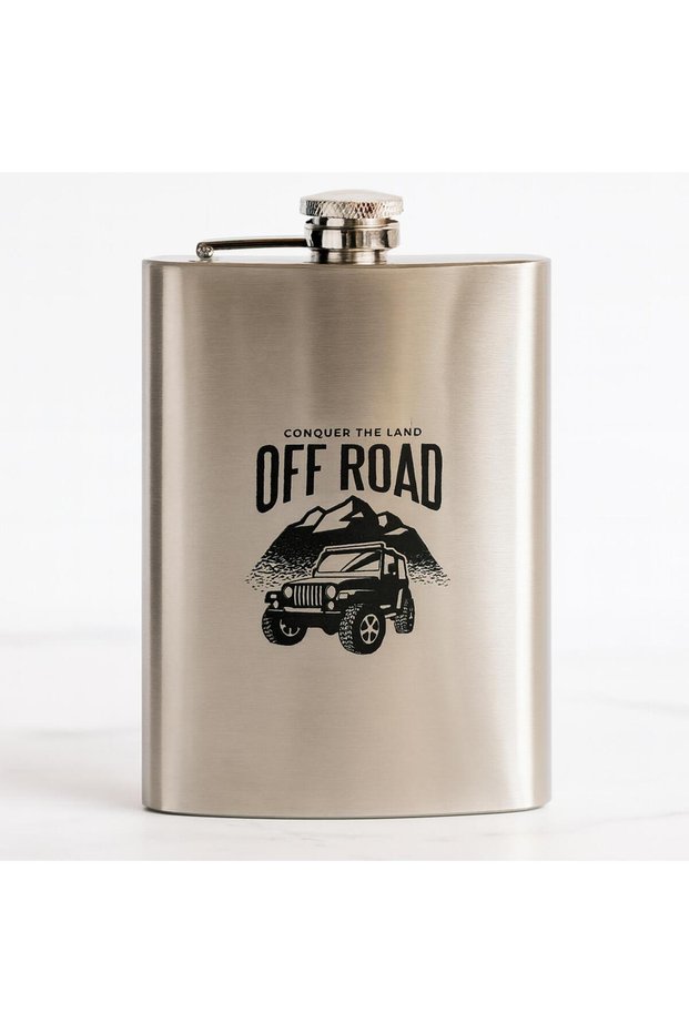8 oz 235 Cc Steel Off Road Themed Liquor Flask with Funnel and Pocket Type Lid