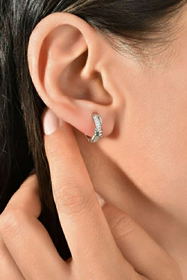 Zirkon Taşlı Xuping Halka Örgü Model Küpe - Gümüş - 4