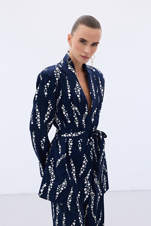 Patterned Long Jacket - Navy Blue - 5