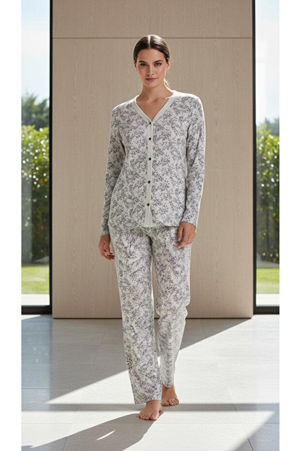 Buttoned Pajama Set with Buttons All over - 1