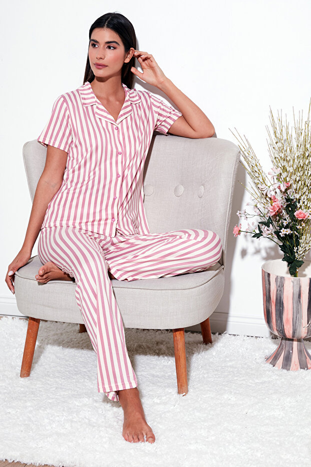 Patterned Regular Fit Shirt Collar Pajama Set Pajama Set 65750101