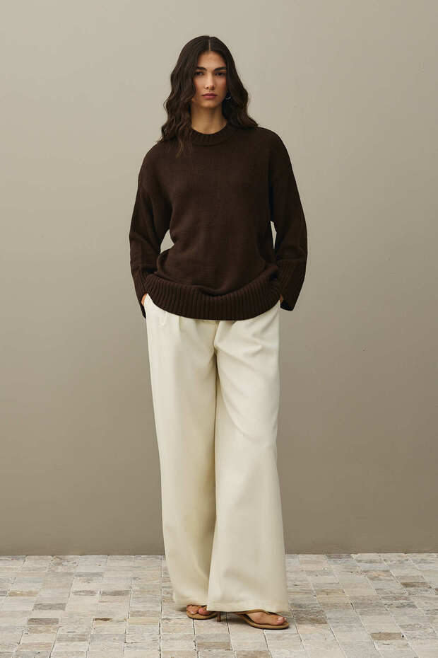 Oversize Örme Kazak Kahverengi - 1