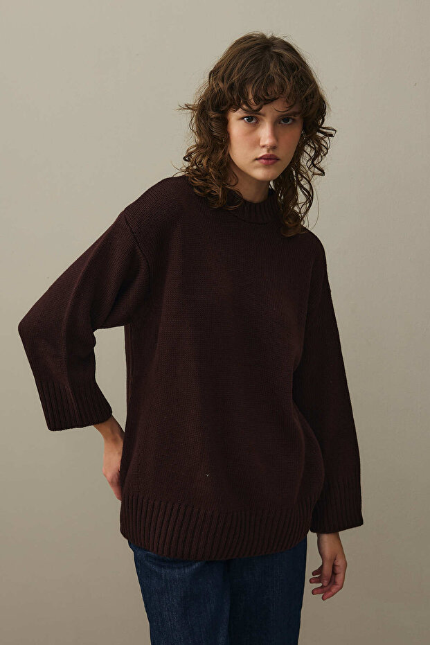 Oversize Örme Kazak Koyu Bordo - 4