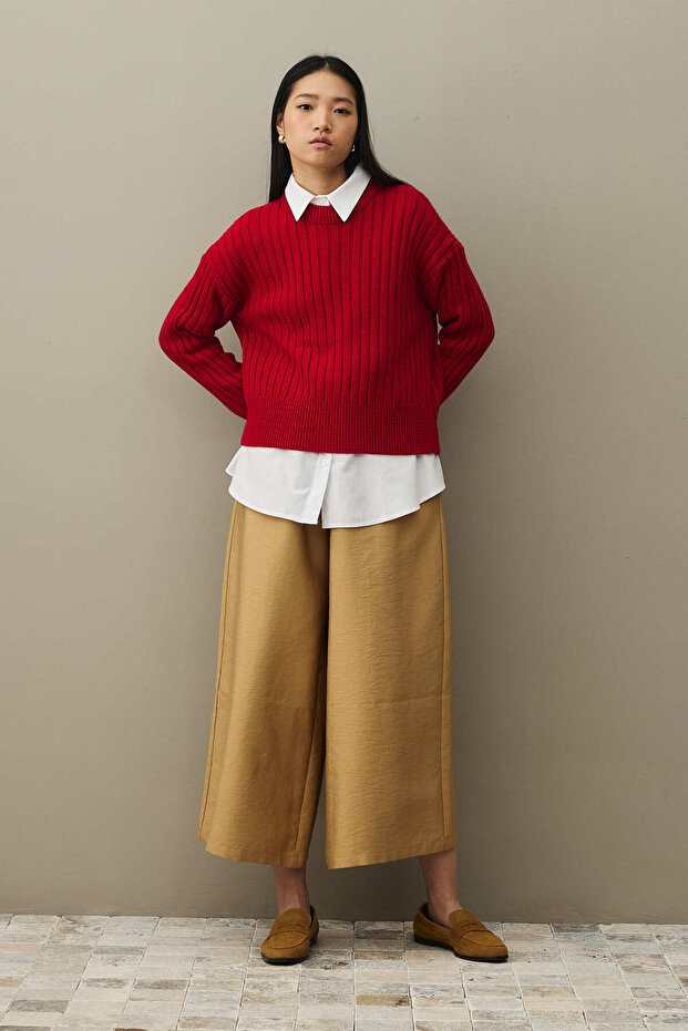 Fitilli Basic Crop Kazak Kırmızı - 1