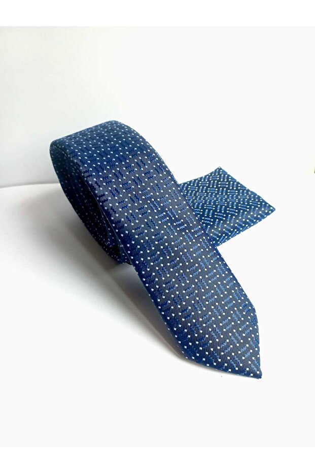 Blue Patterned Thin Tie and Handkerchief Set