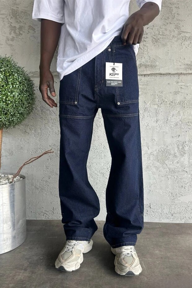 Men's Relax Baggy Navy Blue Stitching Detail Denim Jean Trousers Ke-927