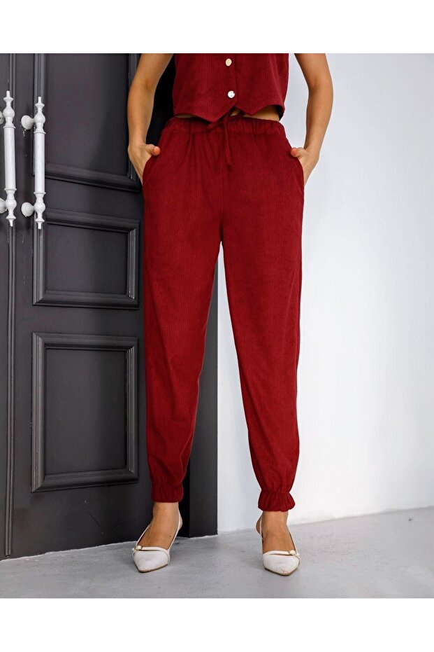 Women's Corduroy Pocketed Elastic Waist Jogger Pants