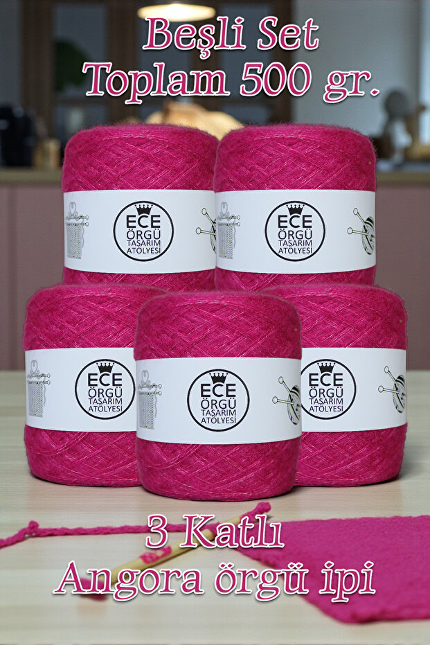 3 Ply, Dark Pink, Angora Knitting Yarn (500 Gr.)