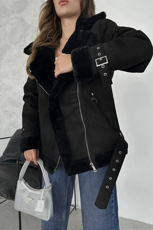 New Season Black Women's Zr Leather Suede Coat with Belt Detail
