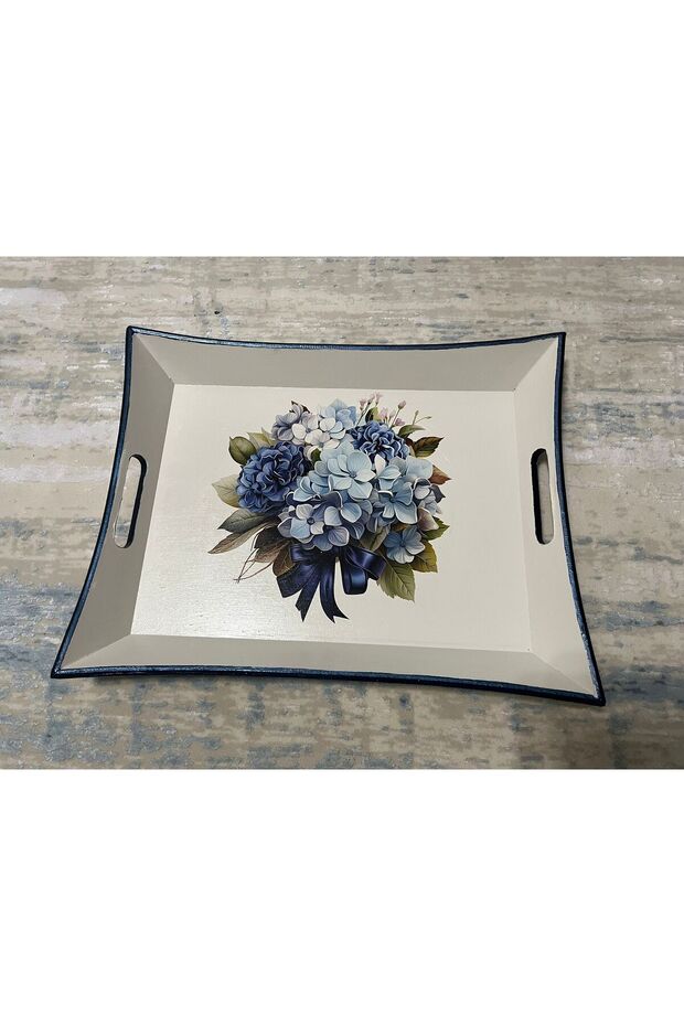 Flower Patterned Hand Painted Wooden Tea-Coffee Tray, Presentation Tray 39X31Cm