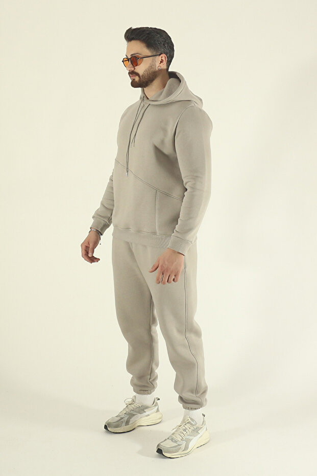Men's Winter Fleece-Lined Puff Fabric Hooded 3-Thread Side Pocket Tracksuit Set - Stone