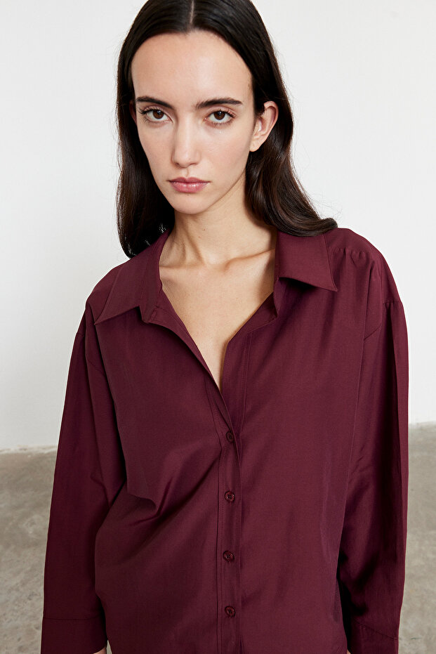 Oversize Poplin Gömlek Bordo - 4