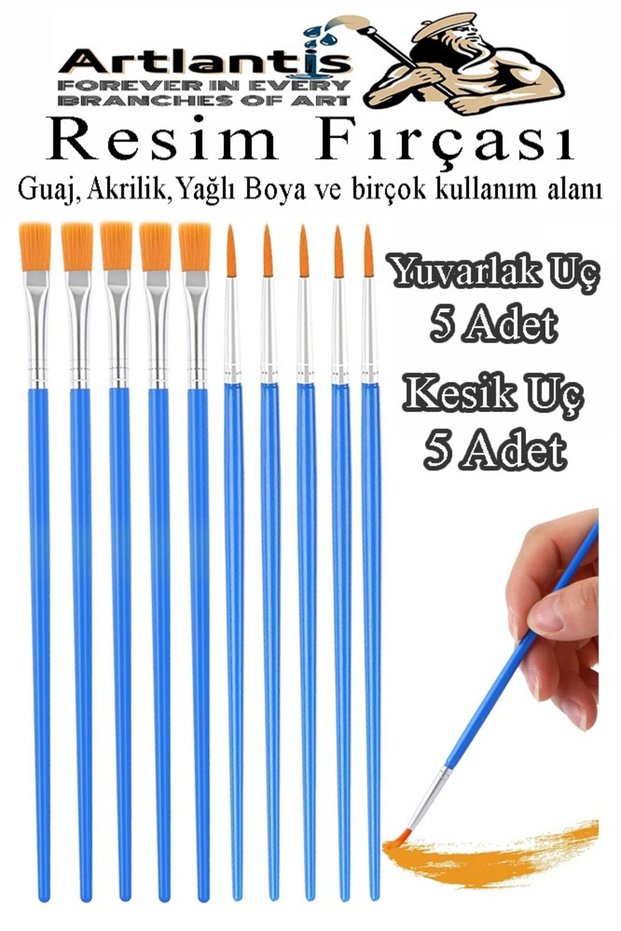Paint Brush Cut and Round Tip 10Pcs Synthetic Brush Economical Watercolor Acrylic Paint Gouache Paint