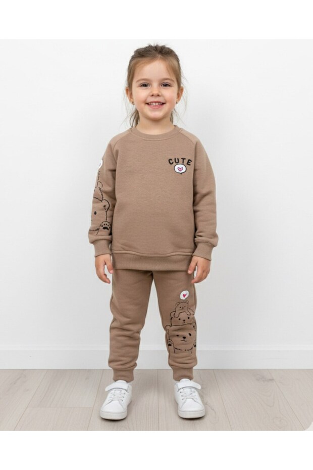Girl's Winter 3-Layered Ribbed Tracksuit Set for Ages 2-3-4-5-6 with Printed Sleeves and Legs