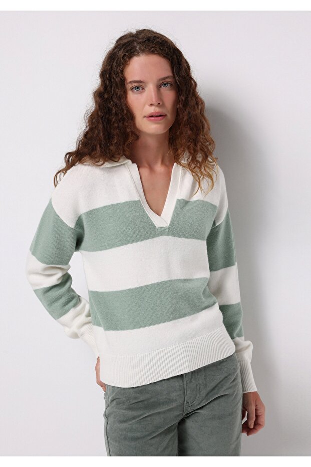 Regular Fit Polo Neck Striped Women's Green Sweater