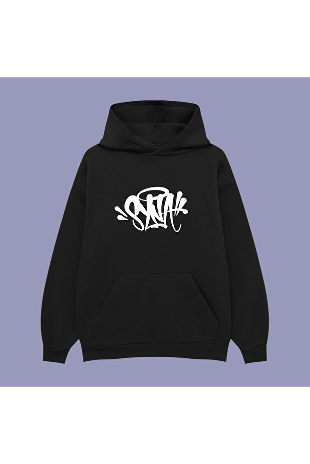 Synaworld Unisex Oversize Black Cotton Hooded Printed Sweatshirt Hoodie
