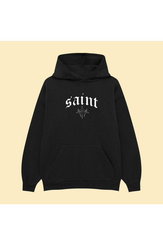 Saint X Chrome Hearts Unisex Oversize Black Cotton Hooded Printed Sweatshirt Hoodie