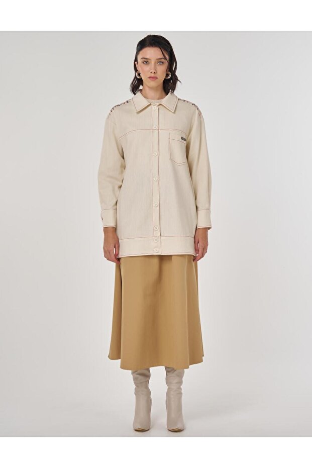 Jachetă de pânză brodata crem - 3