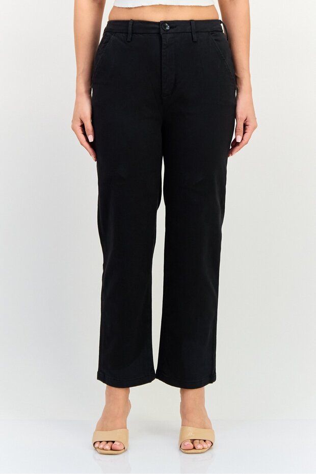 Women Regular Fit Plain Straight Leg Pants, Black