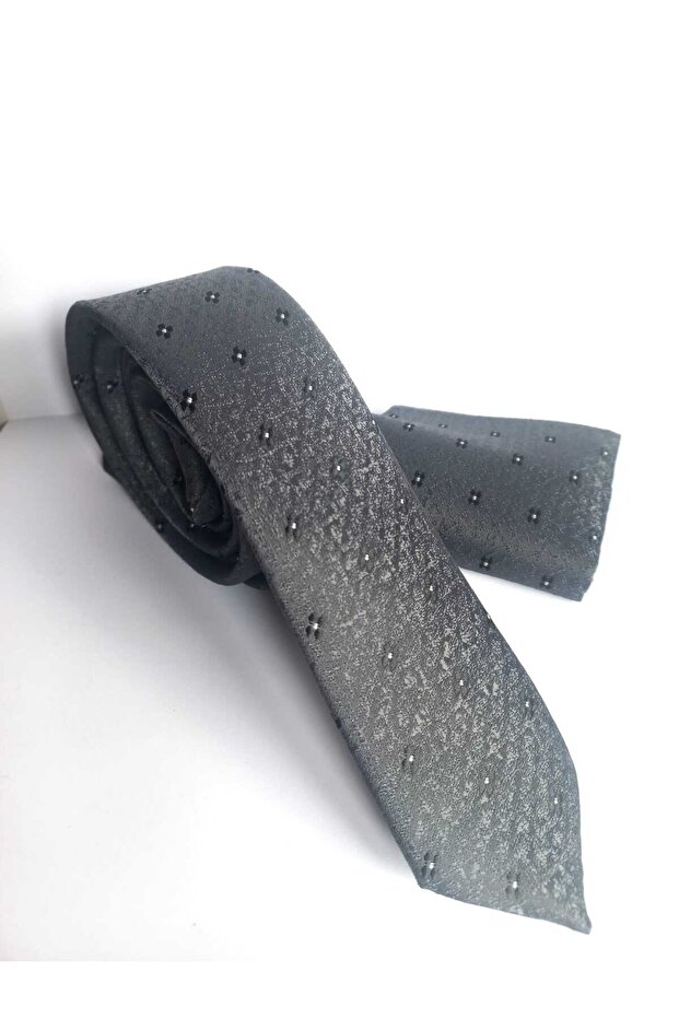 Gray Patterned Thin Tie and Handkerchief Set