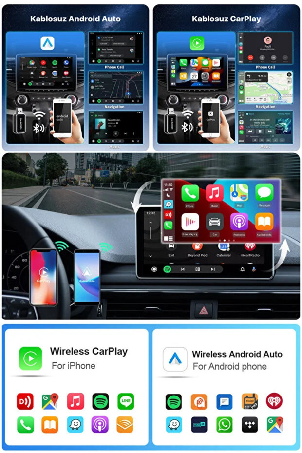 Kablosuz CarPlay & Android Auto Dönüştürücü Kit 2in1 Adaptör (USB - TYPE-C) Küçük Tasarım - 3