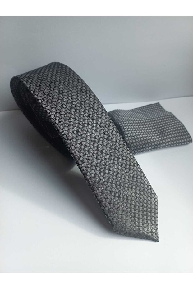 Dark Gray Patterned Thin Tie and Handkerchief Set