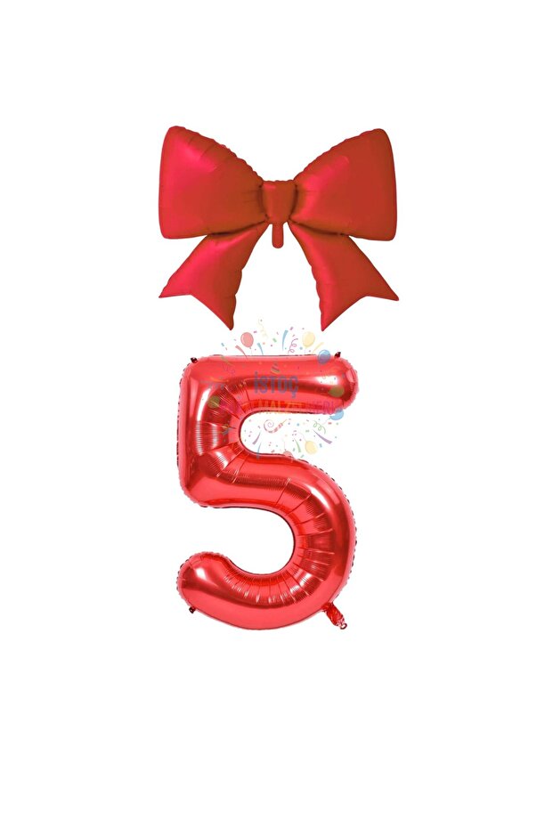 Red Color Bow Number Foil Balloon Set Age 5