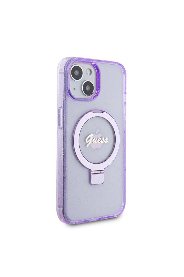Case for IPhone 15, Ring Stand Script Glitter - Purple - 4