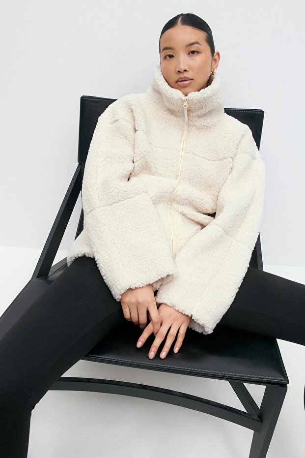 Beige Double Zipper Women's Plush Coat Mg2556
