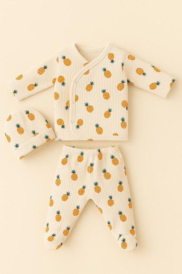3-Piece Pineapple Patterned Beret Unisex Baby Newborn Bodysuit Set