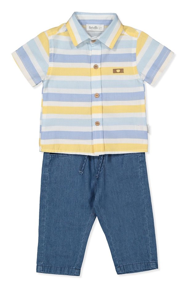 Woven Shirt 2-Piece Set (Colored Lines) Navy Blue