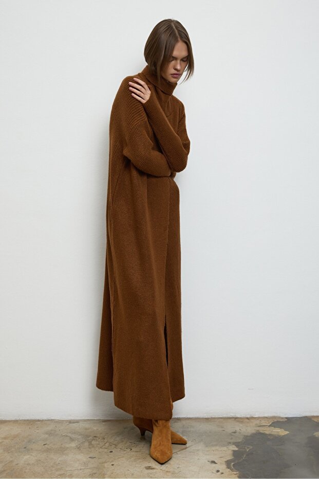 Yırtmaçlı Triko Tunik Taba - 1