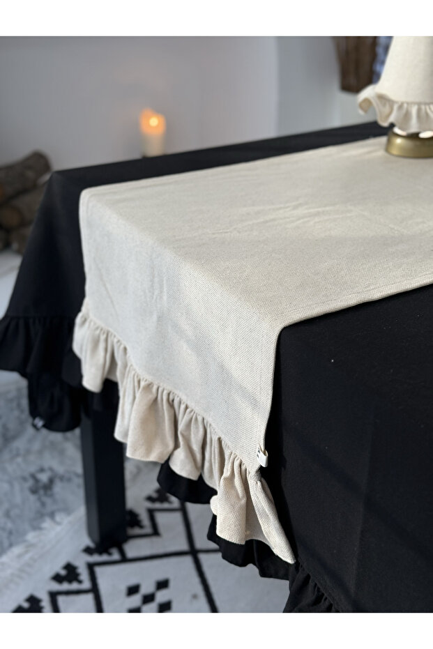 Natural Linen Rectangular Runner with Ruffles on Two Sides 50X150Cm
