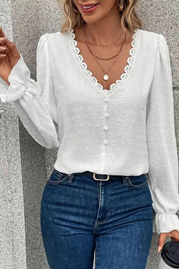 V-Neck Front Buttoned Blouse - White - 2