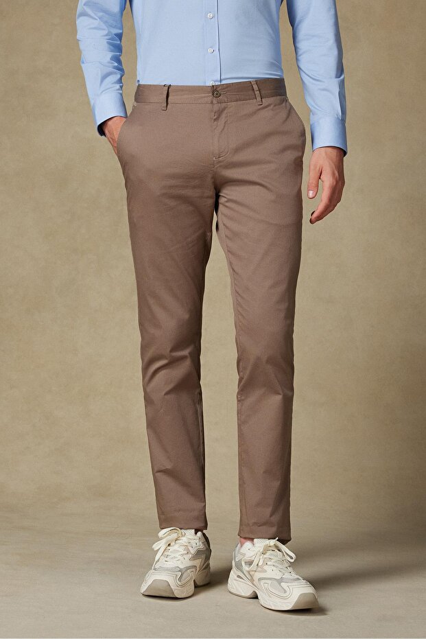 Chino Twill Cotton Blend Slim Fit Khaki Men's Straight Trousers