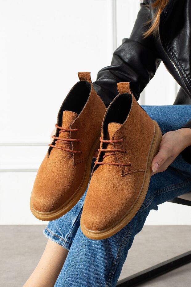 Pumpy Taba Süet Bağcıklı Kadın Bot - 5