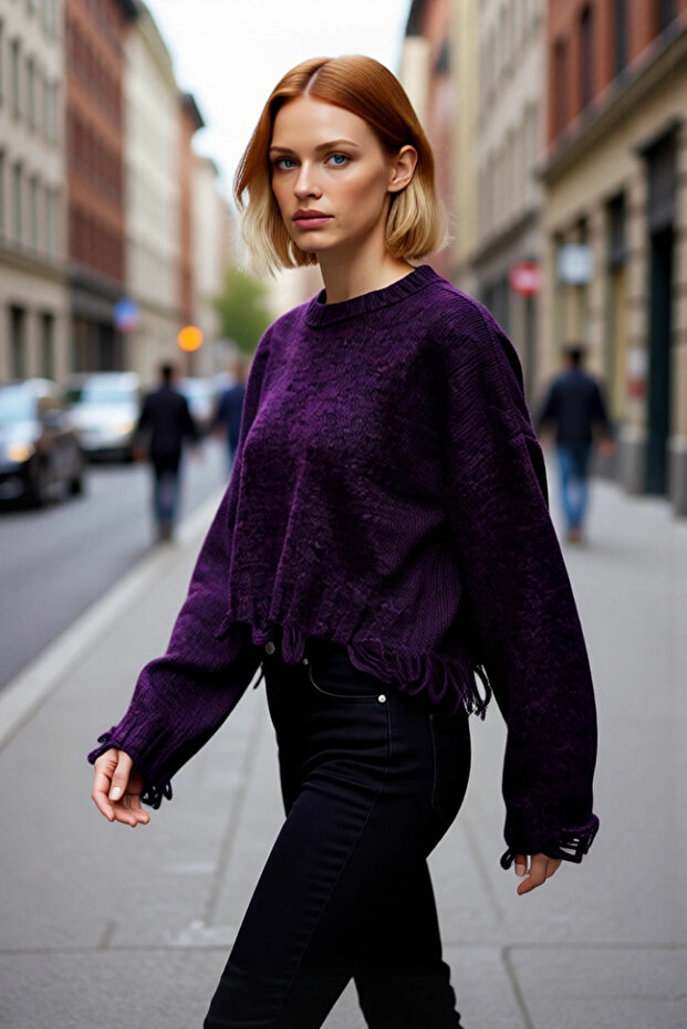 Women's Oversized Knit Crop Sweater with Low Sleeves and Flowing Detail Offers Modern Chic with Its Soft Texture