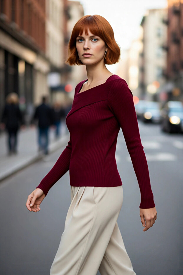 Women's Asymmetrical Collar Ribbed Knit Sweater Fitted Fit Long Sleeve Basic Stylish Casual for Everyday Outfits