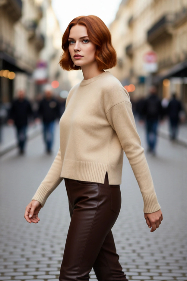 Women's Oversized Crop Low-Sleeve Crew Neck Plain Knitwear Sweater Winter Comfortable for Everyday Chic