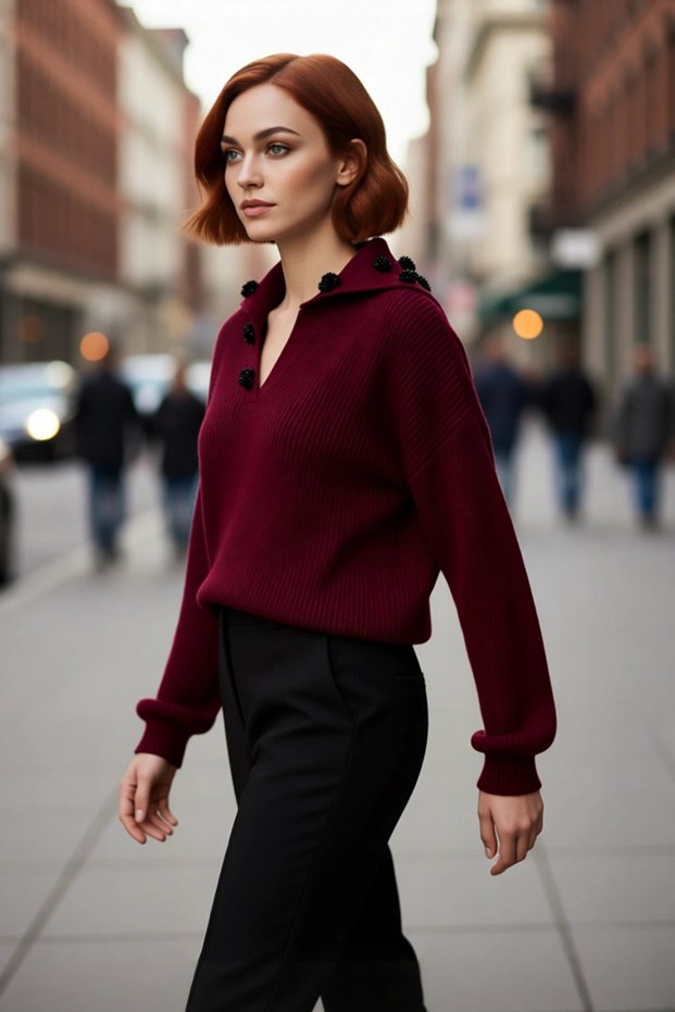 Women's Regular Fit Acrylic Turn-Down Collar Rose Detailed Low-Sleeve Knitwear Sweater for Your Winter Outfits