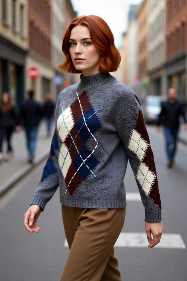 Women's Oversized Diamond Patterned Stand Collar Knit Sweater Low Sleeve Comfortable Long Length Winter Stylish Outfits