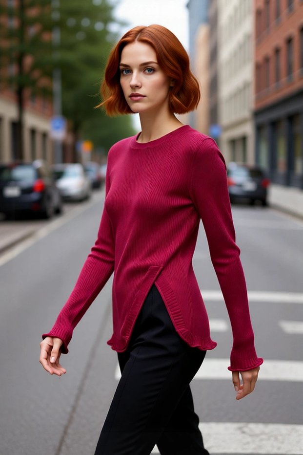 Women's Dusty Rose Fitted Sweater with Slit Detail and Crew Neck Slim Knitwear Offers Everyday Elegance