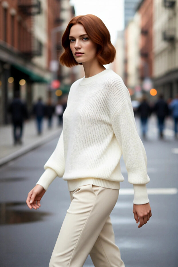 Women's Oversize Balloon Sleeve Thessaloniki Woven Crew Neck Long Plain Basic Knitwear Sweater 100% Acrylic