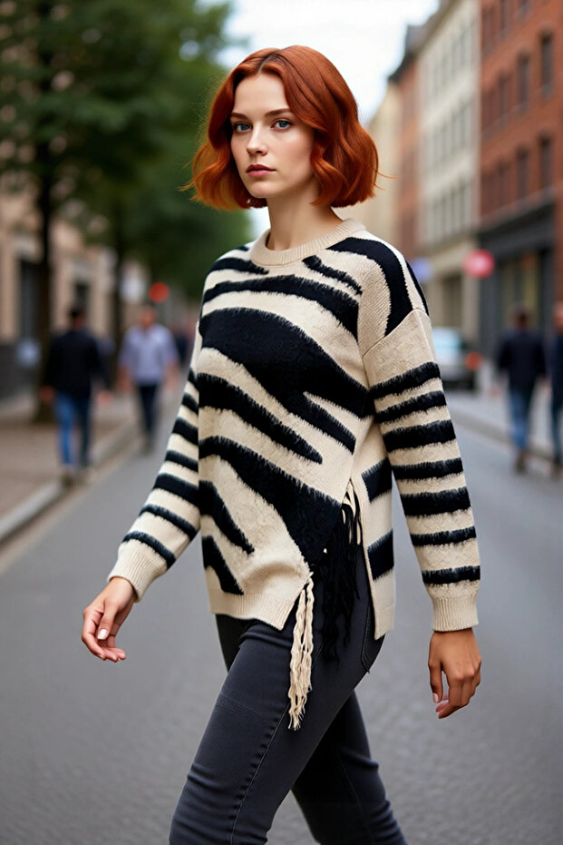 Women's Oversized Crew Neck Zebra Patterned Acrylic Knit Sweater Is a Must-Have for Winter Outfits