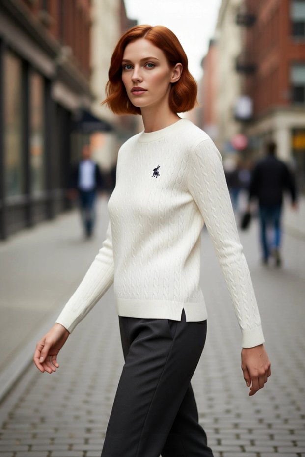 Women's Regular Fit Hair Knit Crew Neck Horse Embroidered Acrylic Knitwear Sweater Winter Season Elegance