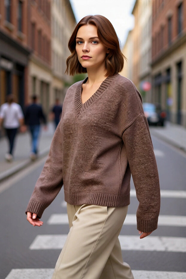 Women's Wide Fit V-Neck Basic Knitwear Sweater Offers Modern and Comfortable Comfort for Cold Days