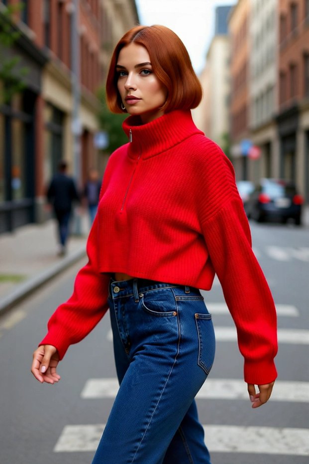 Women's Oversize Crop Zippered Stand Collar Thessaloniki Woven Acrylic Knitwear Sweater for Winter Daily Outfits