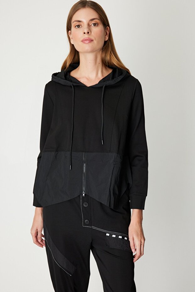 Kapüşonlu Mix Kumaş Sweat - 1