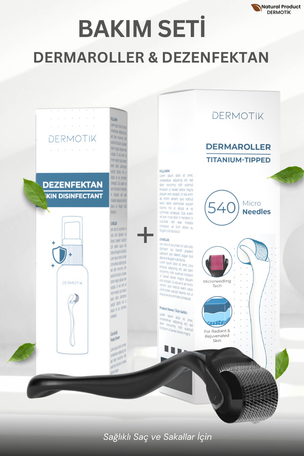 Titanium Tip 540 Needle Dermaroller 1 mm & Disinfectant Set – Skin and Sparse Hair Beard Care Tool